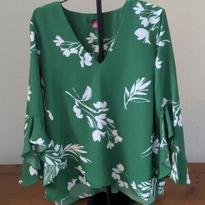 Vince Camuto Green Floral Blouse XL Flutter Sleeve V Neck Career Work Top Women